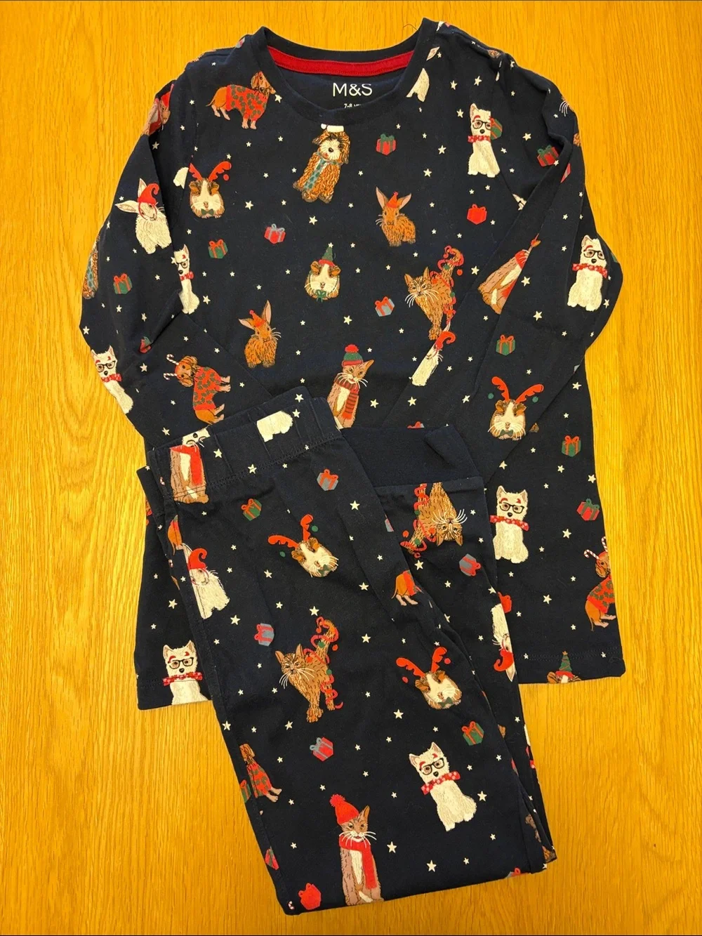 Kids Festive Navy Animal Print Pajama Set, size 7-8 years